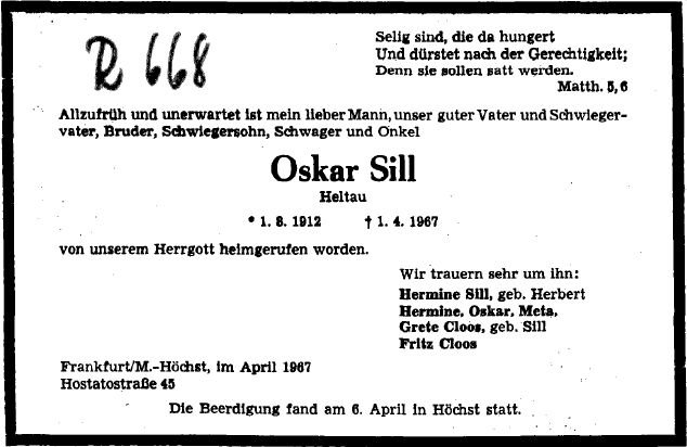 Sill Oskar 1912-1967 Todesanzeige